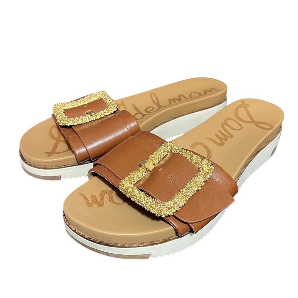 Sam Edelman Ariane Dark Bourbon Open Toe Buckle Flat Leather Slides Sandals 10.5